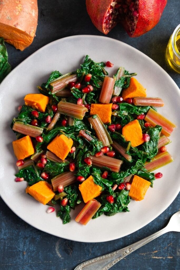 Boiled Swiss Chard with Sweet Potatoes and Pomegranate