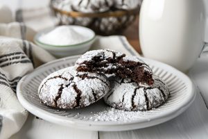Three Fudge Crinkle Cookies on a Plate, One with a Bite Out with A Glass of Milk, a Bowl of Powdered Sugar, and a Basket of Fudge Crinkle Cookies in the Background