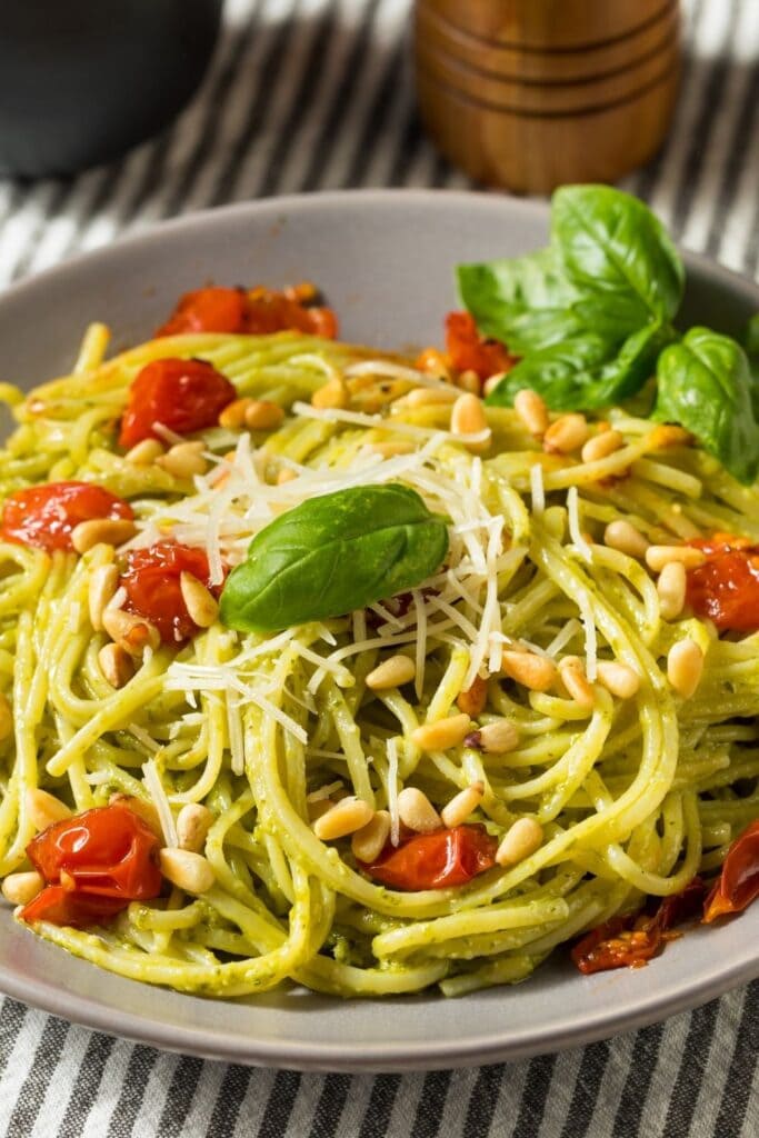 Homemade Basil Pesto Pasta with Tomatoes and Pine Nuts