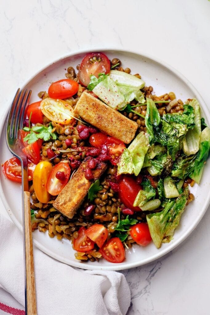 Lentil Salad with Fried Cheese, Lettuce, Tomatoes and Kidney Beans