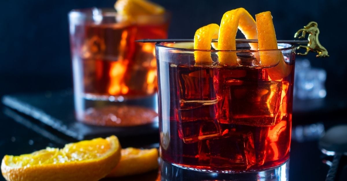 Negroni Cocktail with Ice and Orange Twist in a Glass