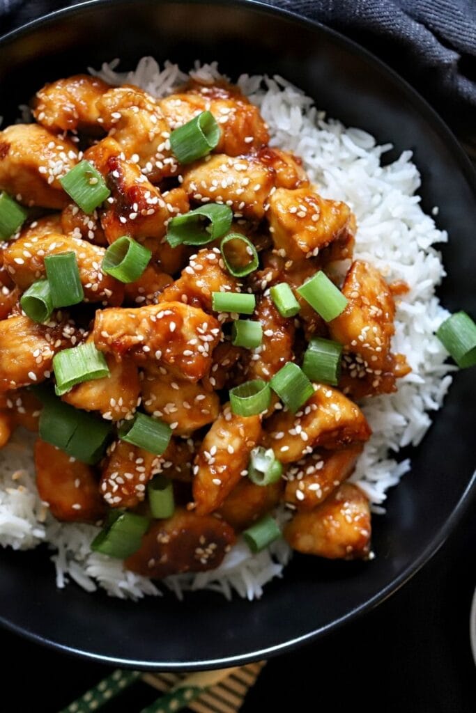 Glazed Chicken with Sesame Seeds, Green Onions and Rice