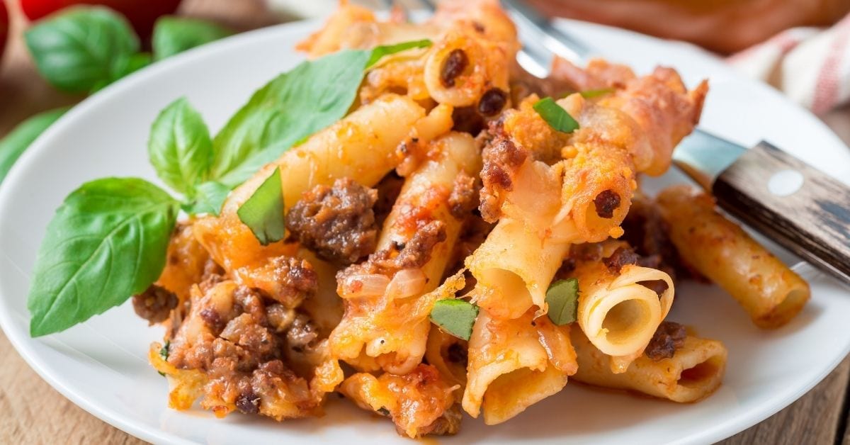 Homemade Baked Ziti Bolognese Pasta in a Plate