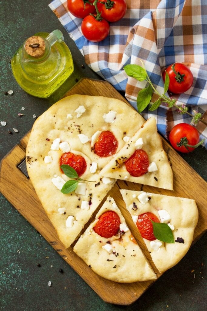 Italian Focaccia Bread with Tomatoes and Feta Cheese