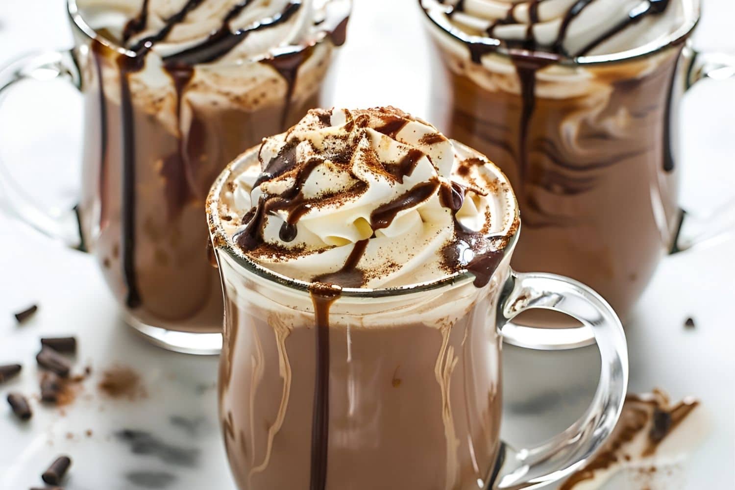 3 Mugs of Bailey's Hot Chocolate with Whipped Cream and Chocolate Drizzle