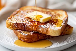 Side View of Pouring Maple Syrup Onto Two Slices of McCormick French Toast with Butter and Powdered Sugar on a White Plate