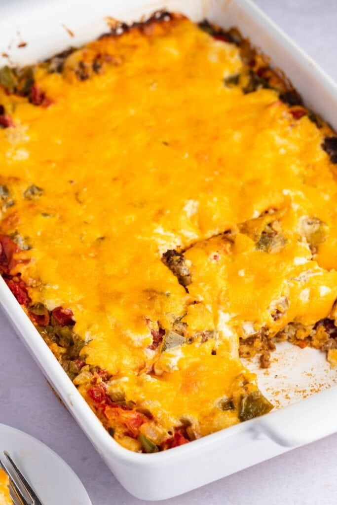 Spicy Homemade John Wayne Casserole with Ground Beef, Onions, Taco Seasoning and Cheese