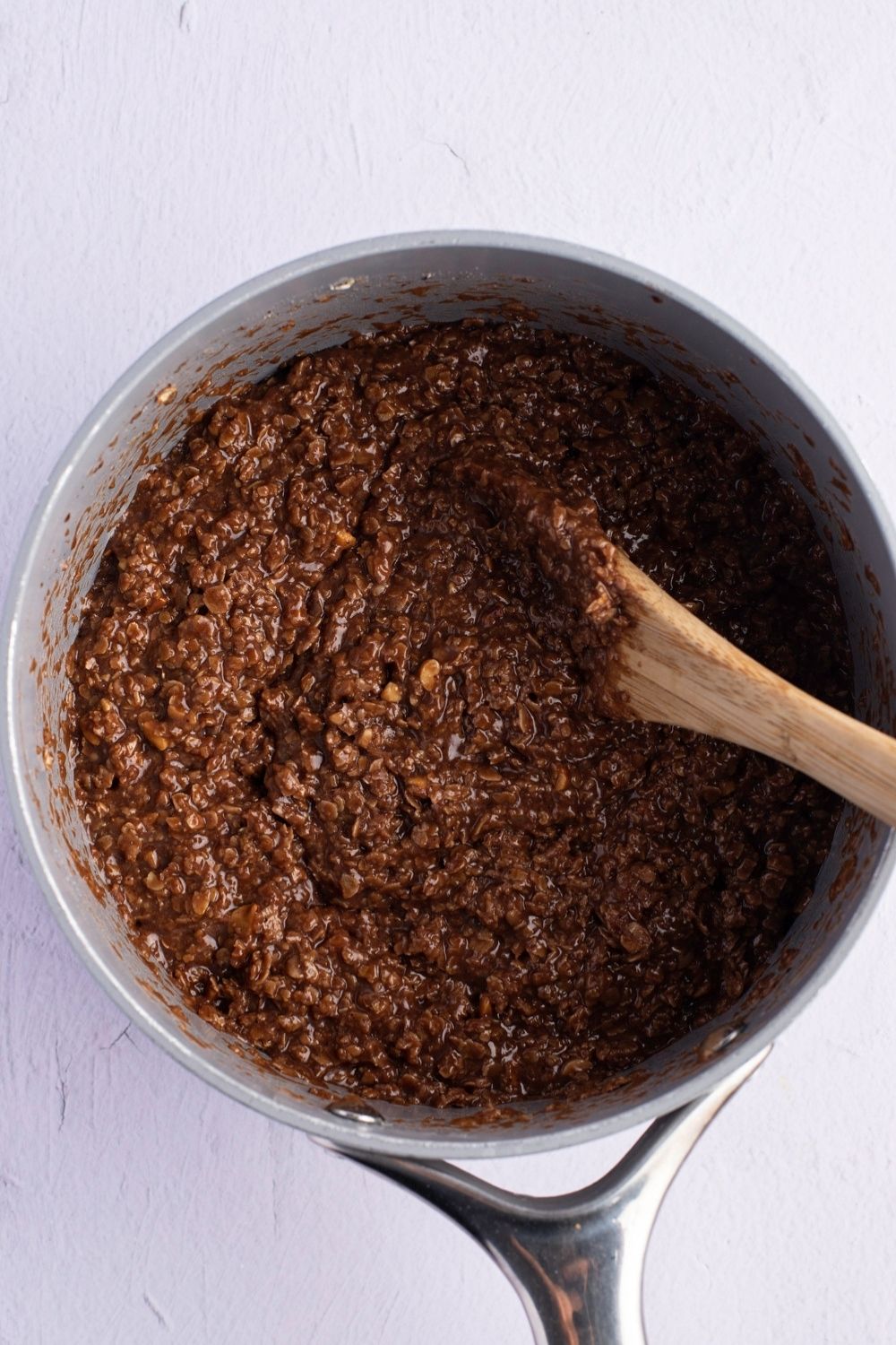 No-Bake Cookies Ingredients Mixed in a Cooking Pan