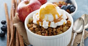 Apple Crisp in a Ramekin with Ice Cream and Caramel