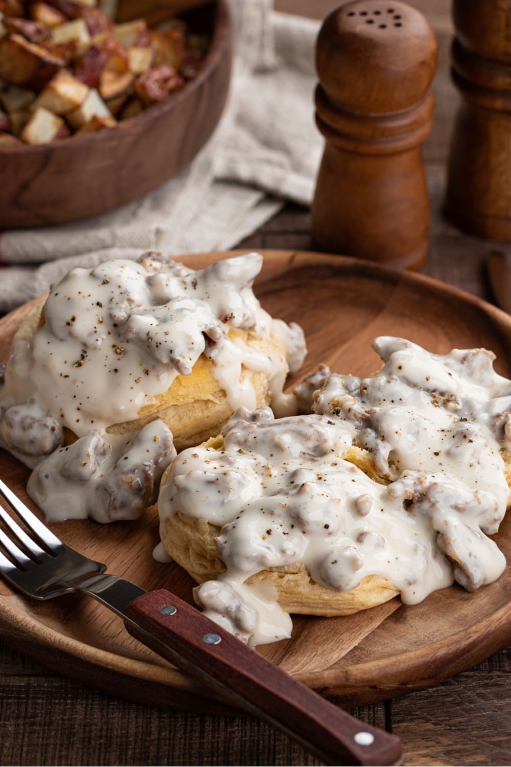 Biscuits poured sausage gravy.