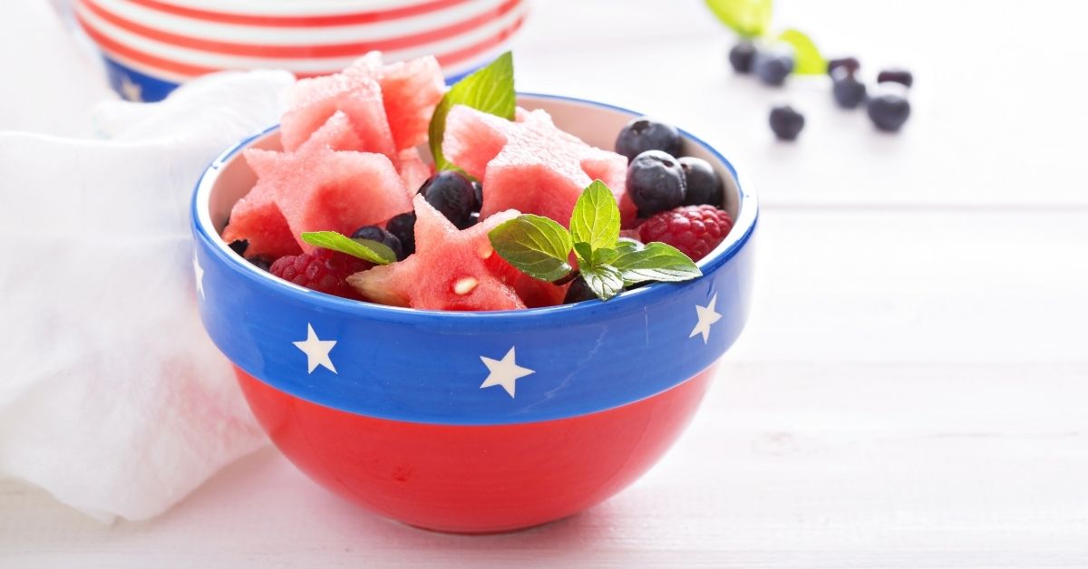 Bowl of Fruit of July Fruit Salad with Watermelon, Blueberries and Strawberries