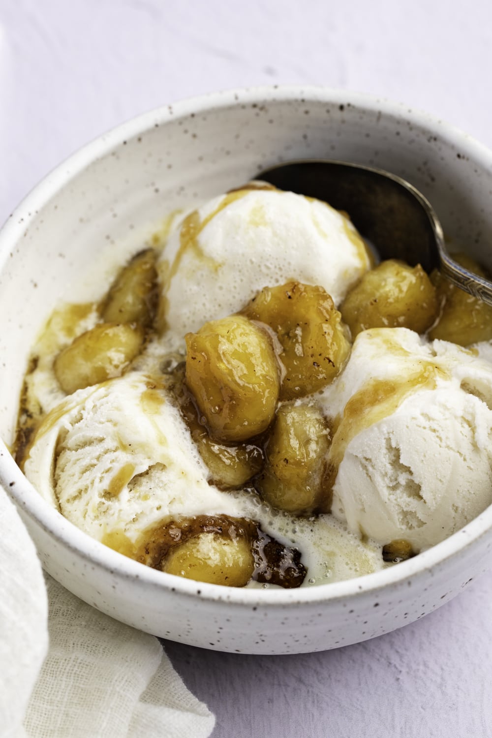 Caramelized Bananas Topped on a Creamy Vanilla Ice Cream