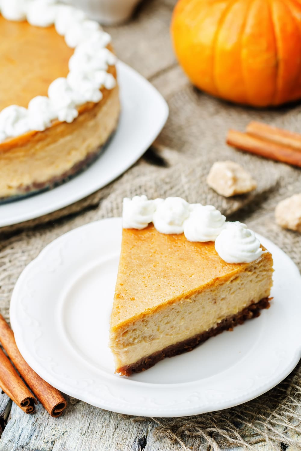 Slice of Cheesecake Factory Pumpkin Cheesecake. 