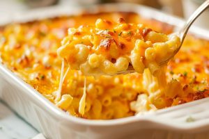 Gooey, Cheesy Sweetie Pie's Mac and Cheese in a Casserole Dish with a Spoon Removing a Serving