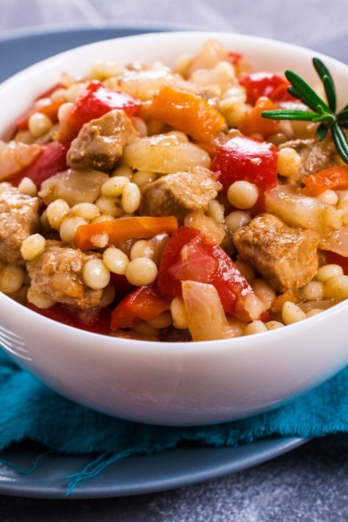 Fregola Pasta with Vegetables and Meat