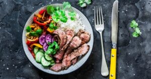 Homemade Power Buddha Bowl with Beef, Rice and Vegetables