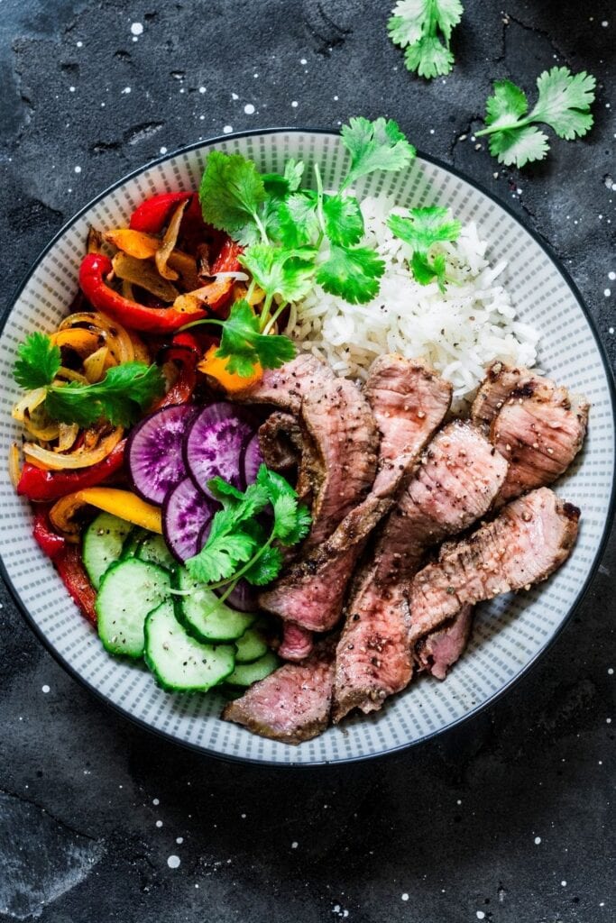 Power Buddha Bowl with Beef, Vegetables and Rice