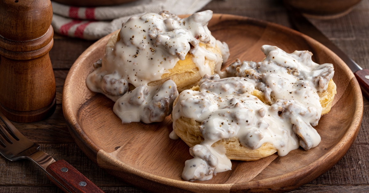 Sausage Gravy on Wooden Plate