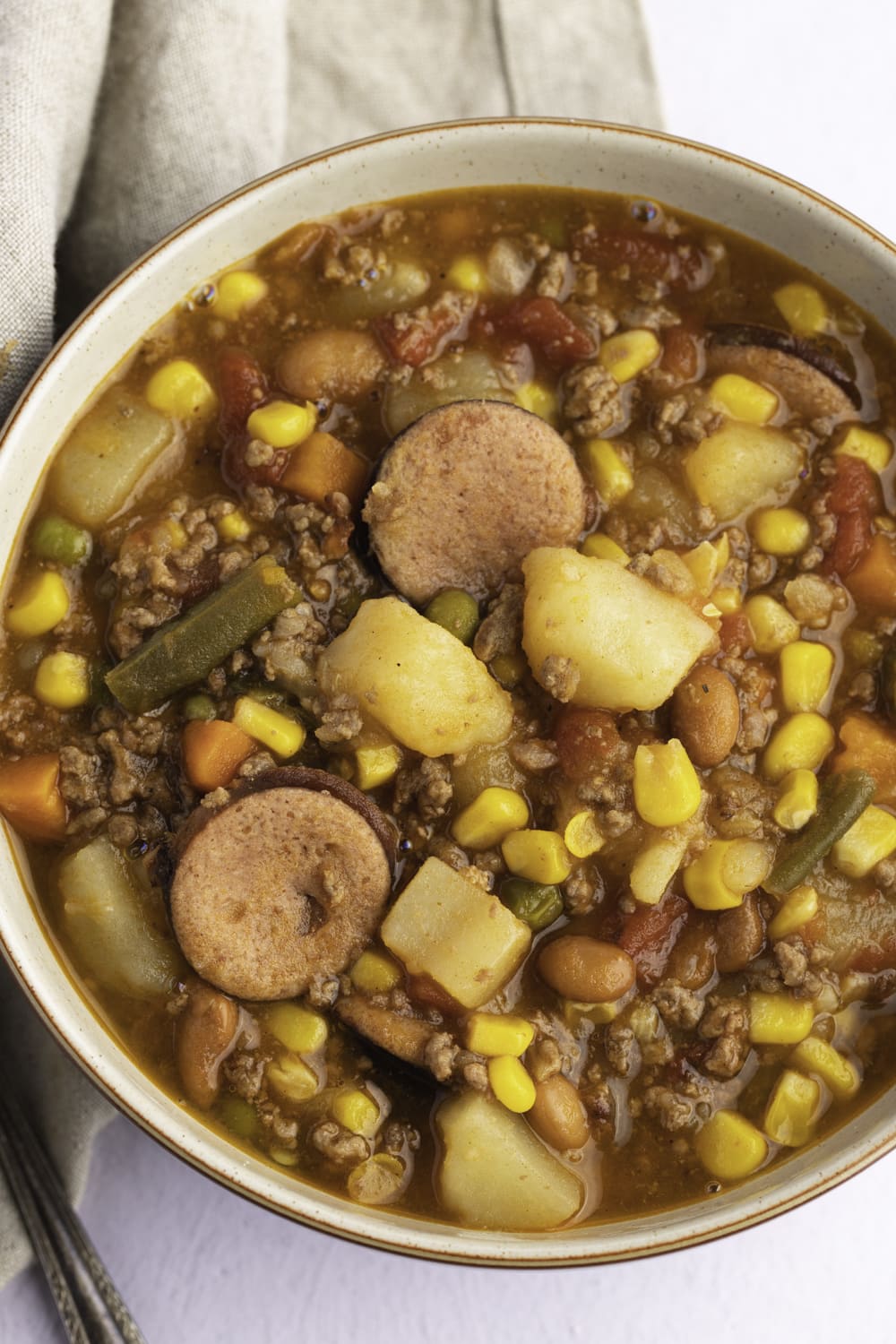 Texas Cowboy Stew Served in a White Bowl