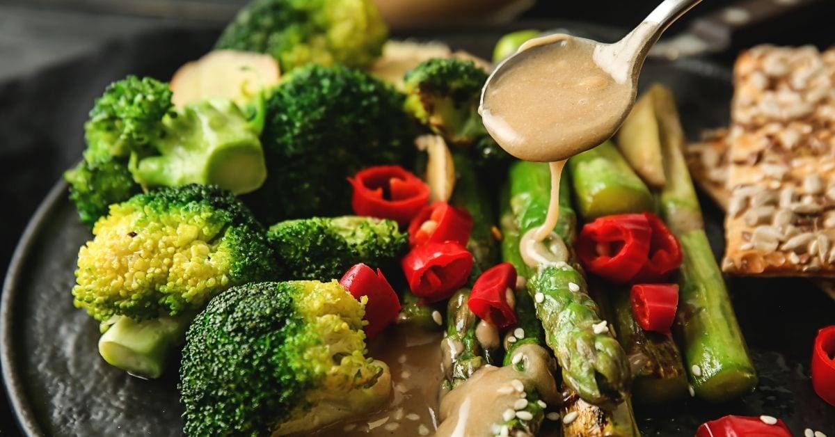 Vegetables with Tasty Tahini On Plate