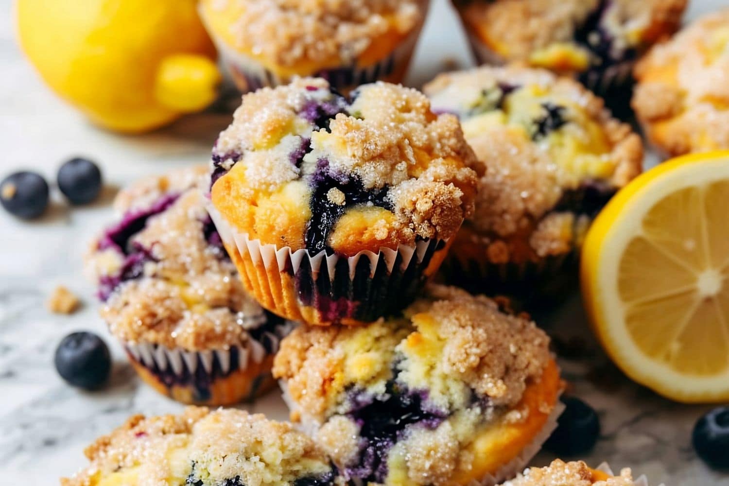 Pile of Lemon Blueberry Muffins on a White Marble Table with Lemons and Blueberries