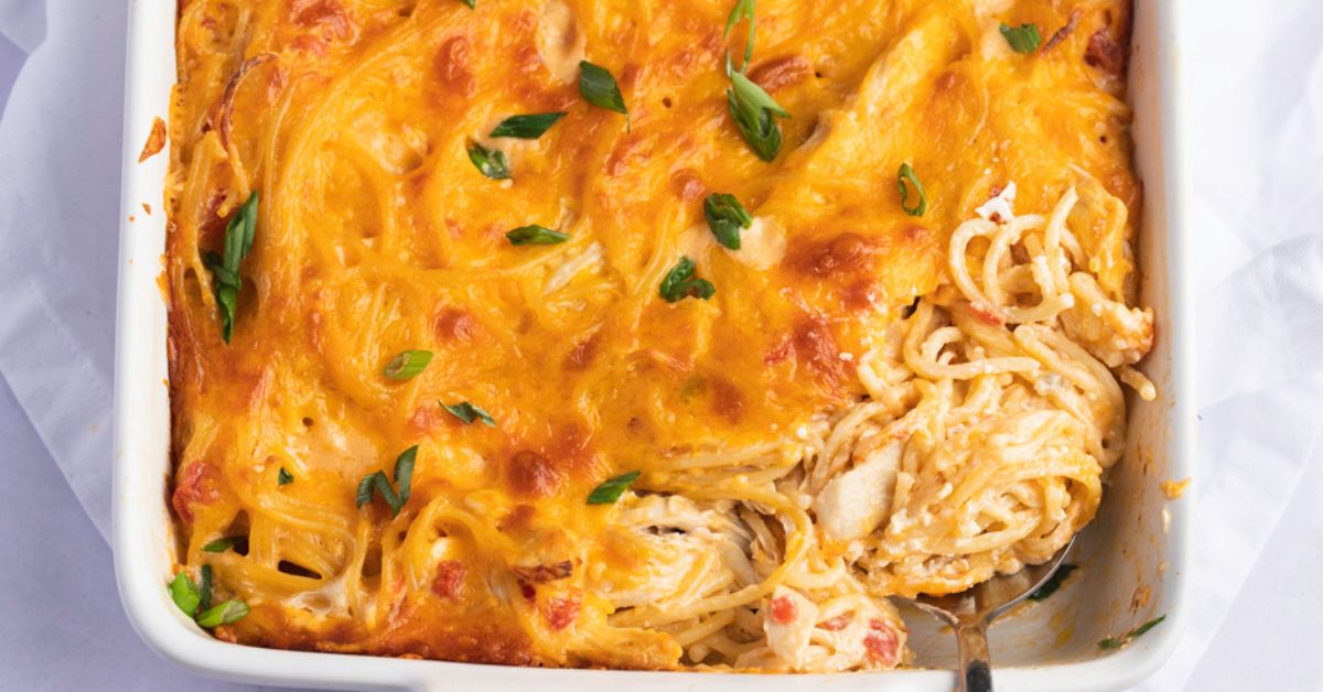 Cheesy Rotel Chicken Spaghetti in a Baking Dish