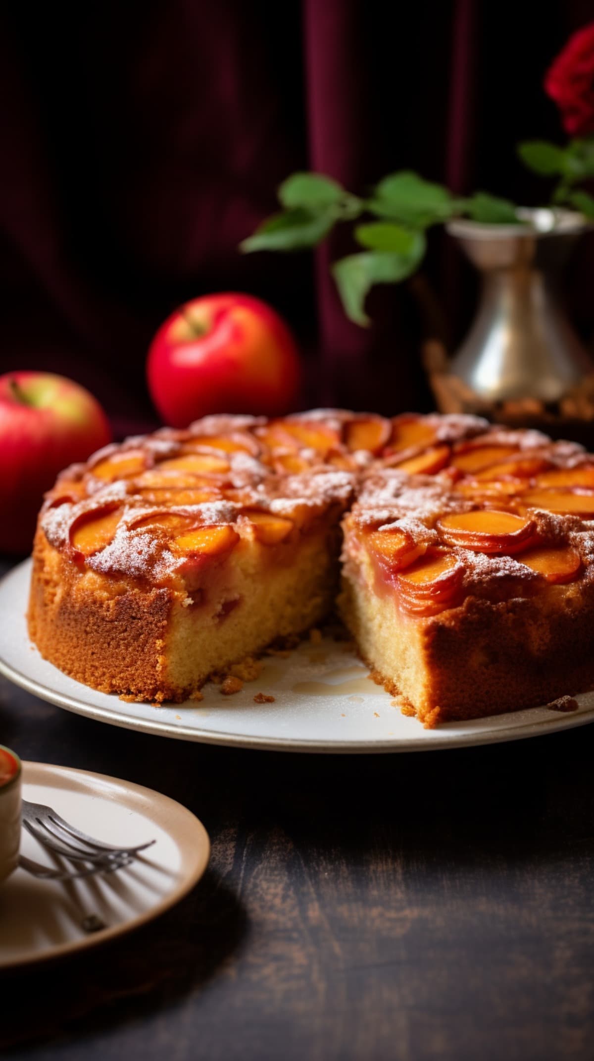 Slice missing apple cake topped with powdered sugar served on a white plate. 