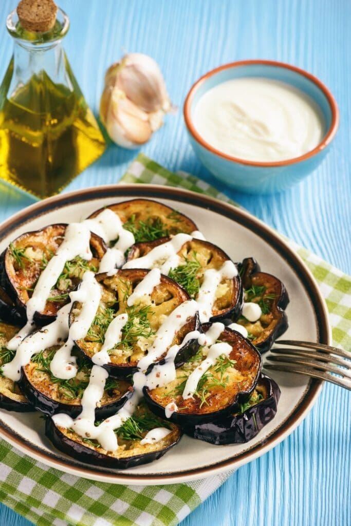 Fried Eggplant with Garlic and Yogurt Sauce