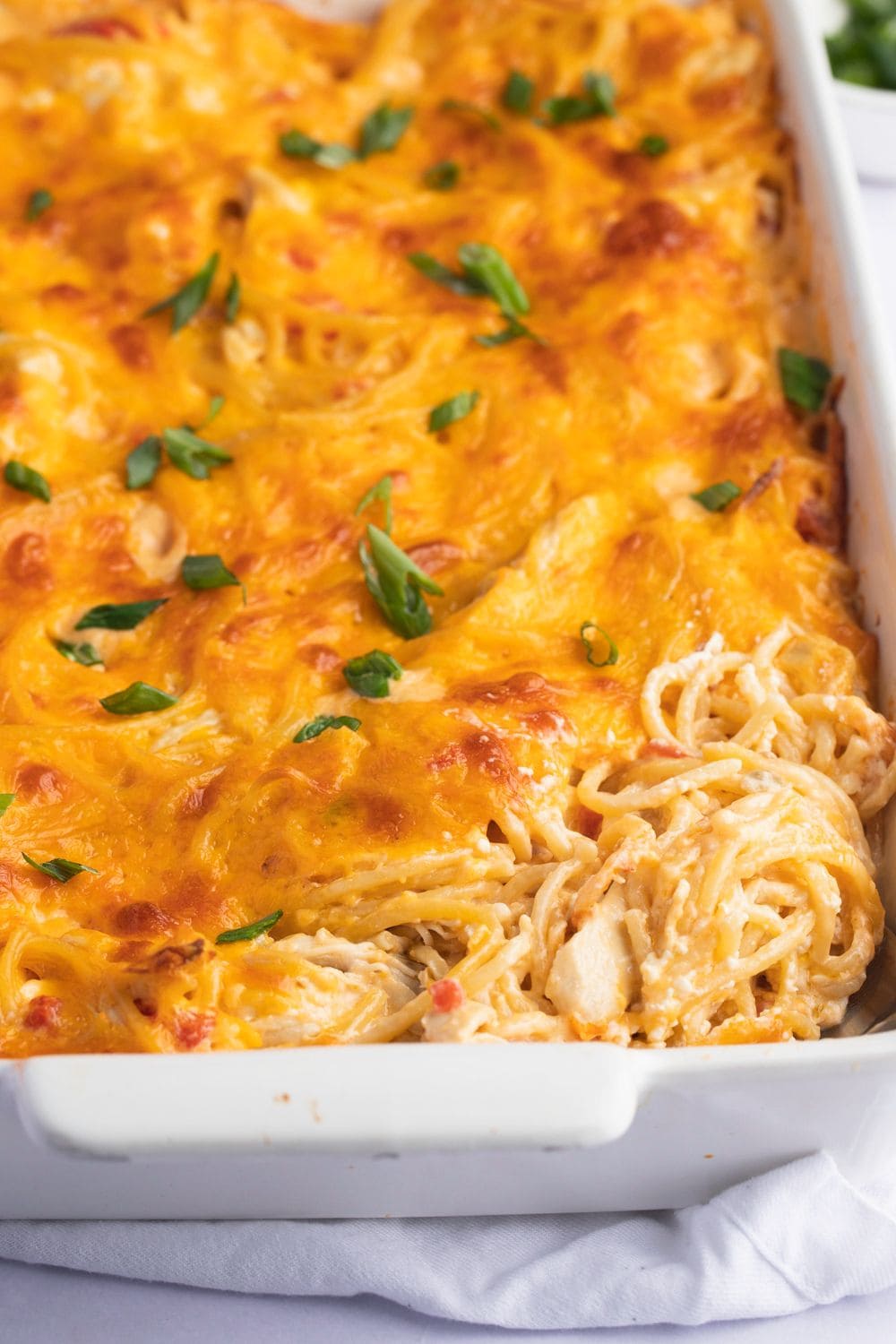 Homemade Creamy Rotel Chicken Spaghetti in a Casserole