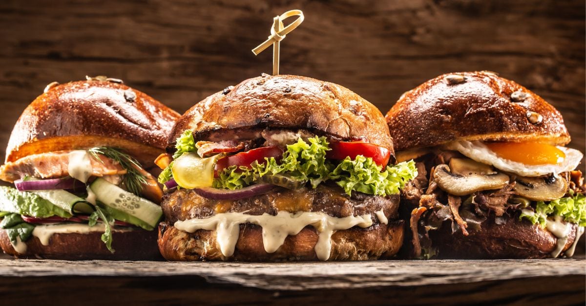 Homemade Beef, Salmon and Kebab Stuffed Burgers with Veggies