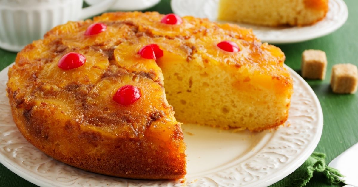 Homemade Pineapple Upside Down Cake in a White Plate