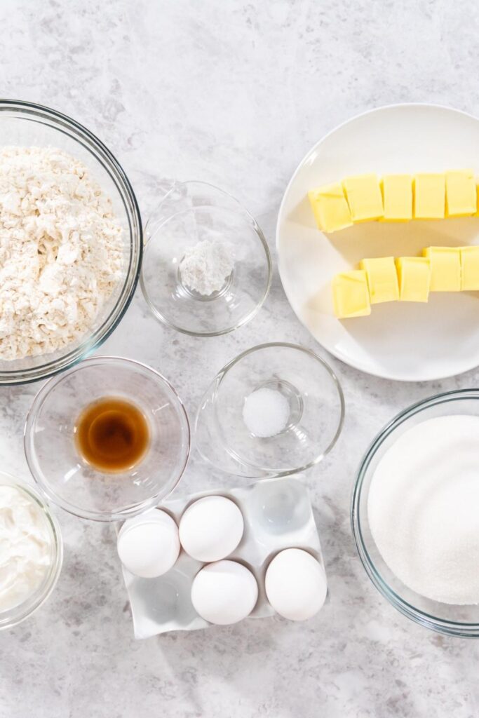 Sarah Lee Pound Cake Ingredients: Butter, Powdered Sugar, Eggs, Sour Cream, Flour, and Lemon or Vanilla Extract