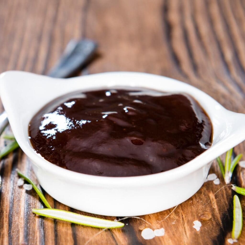 Steak Sauce in a Ceramic White Dish