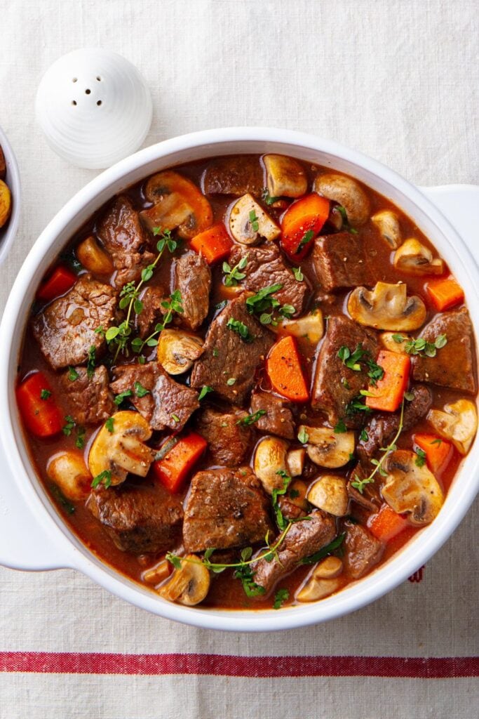 Beef Bourguignon Stew with Vegetables and Mushrooms