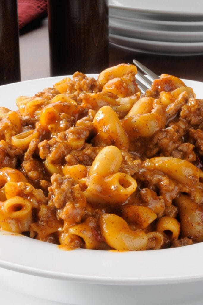 Hamburger Macaroni Salad with Ground Beef in a White Plate