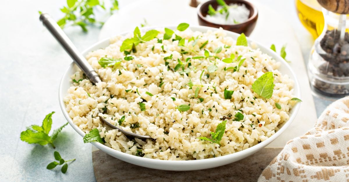 Homemade Cauliflower Rice with Herbs in a Plate