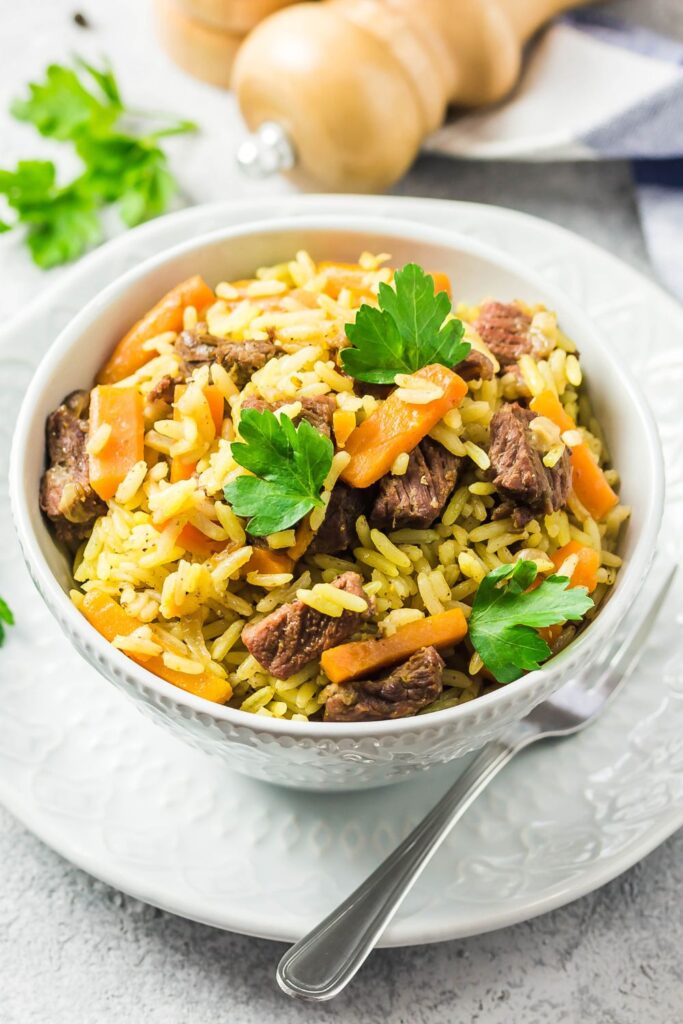 Wild Rice Pilaf with Beef in a Bowl