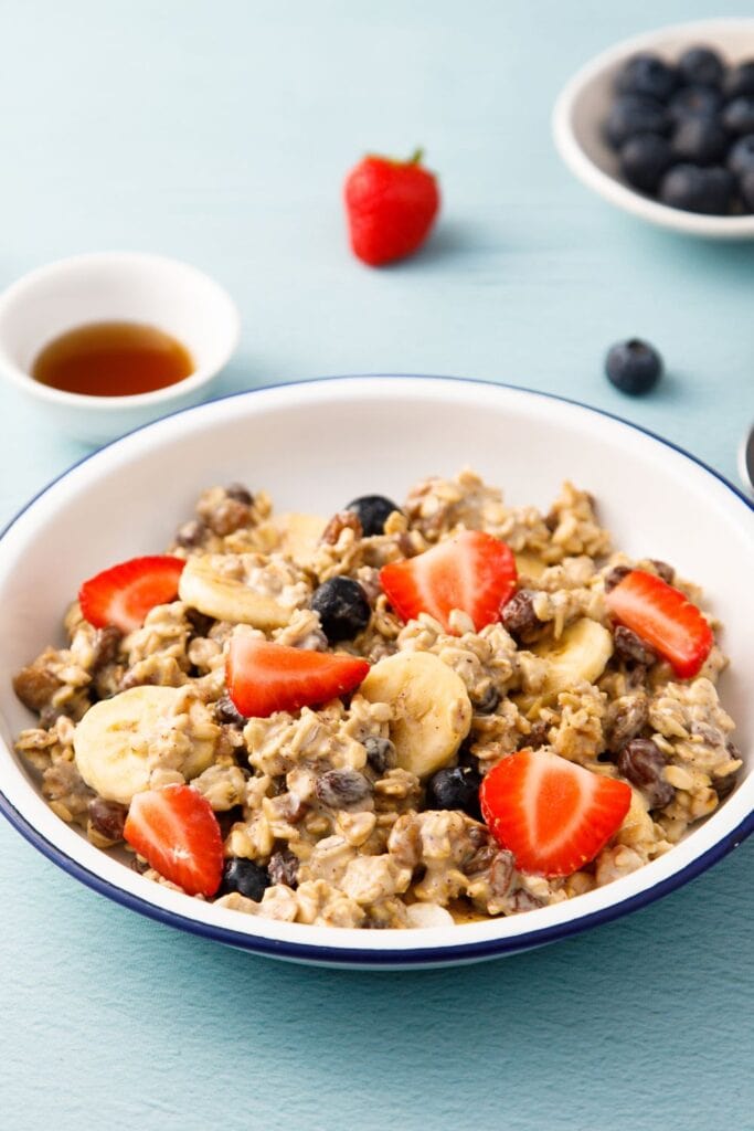 Breakfast Oatmeal with Bananas, Blueberries and Strawberries