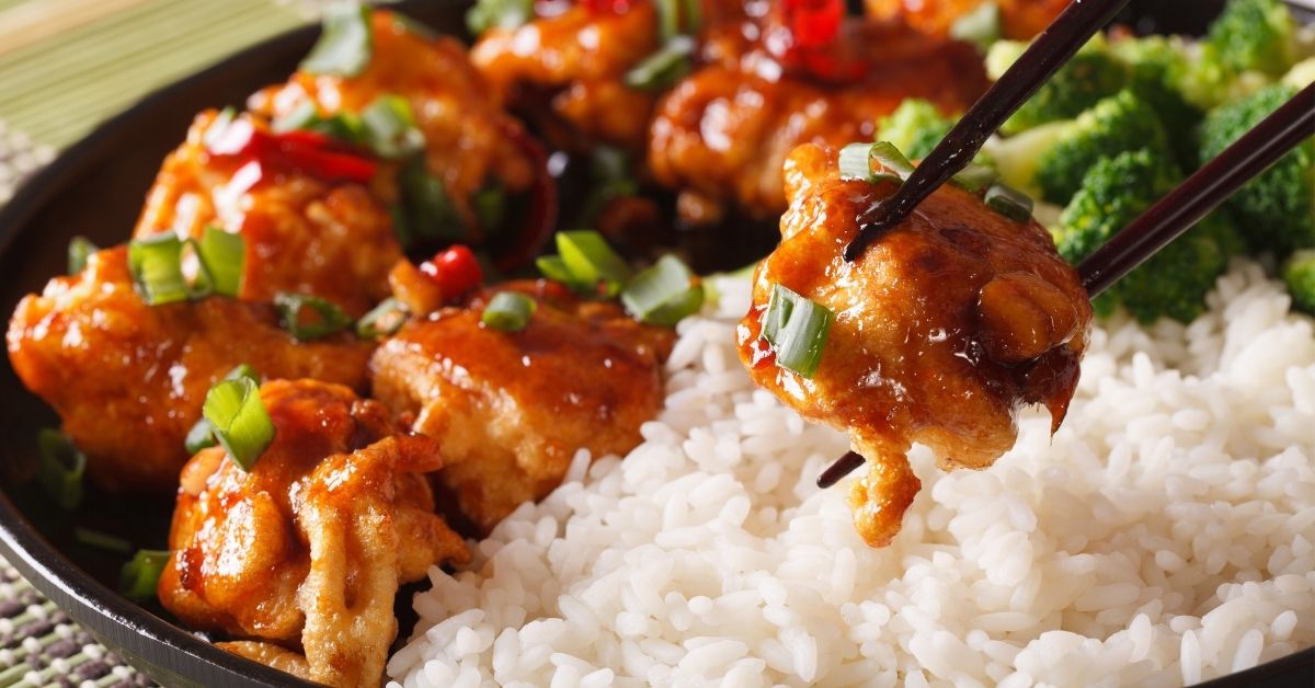 Homemade General Tso's Spicy Chicken with Rice and Broccoli