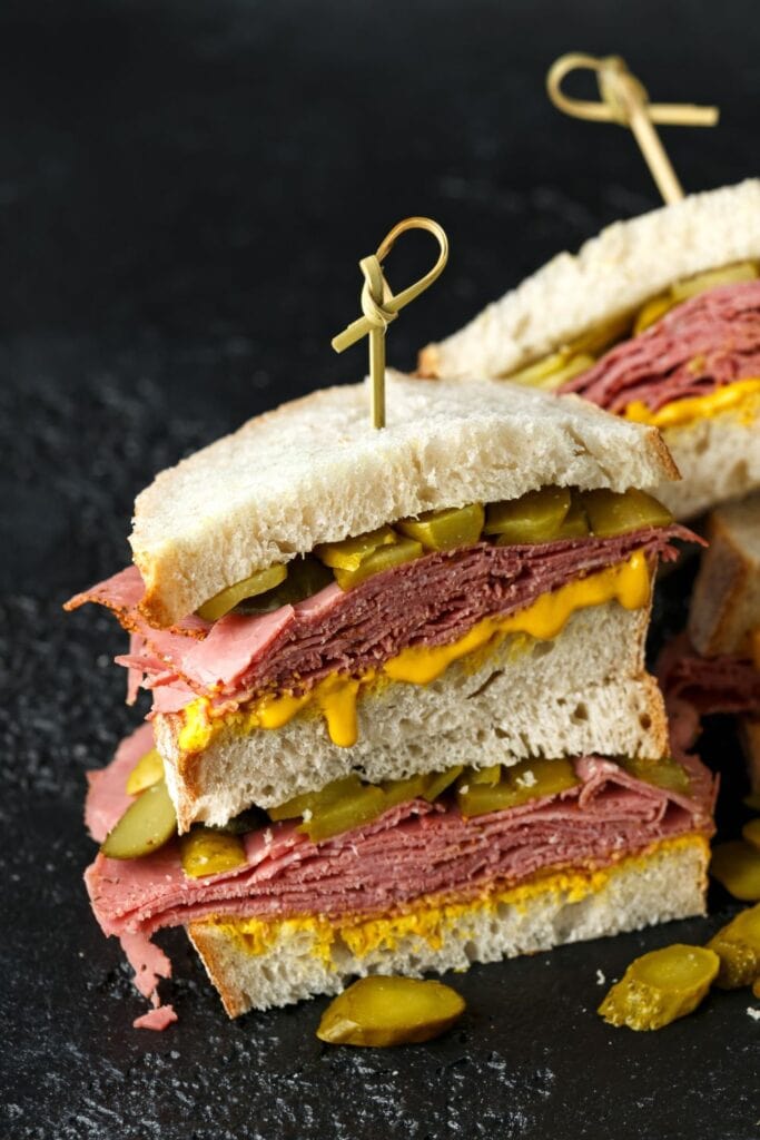 Homemade Pastrami Sandwich with Pickles and Cheese
