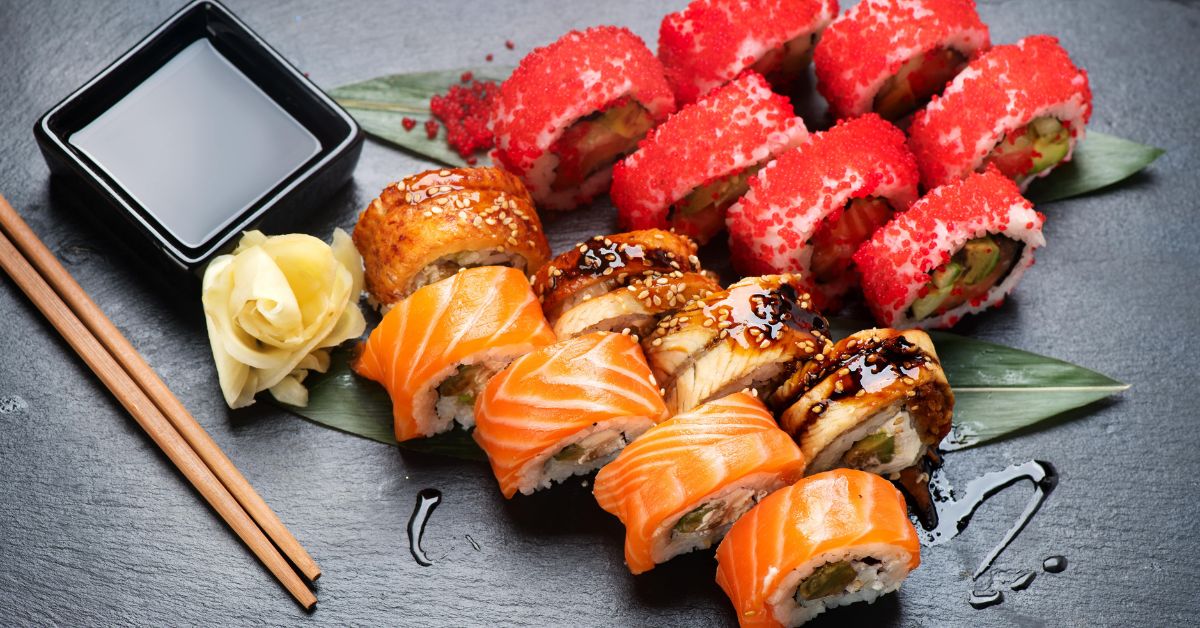 Homemade Sushi Rolls with Vegetables and Salmon