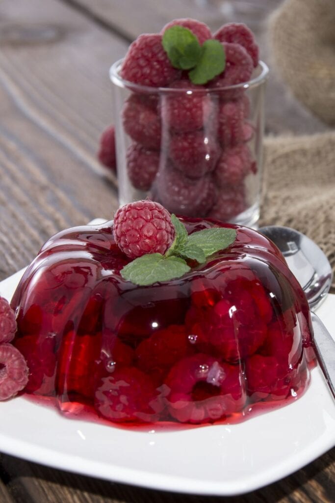 Jello Mold with fresh raspberries and mint