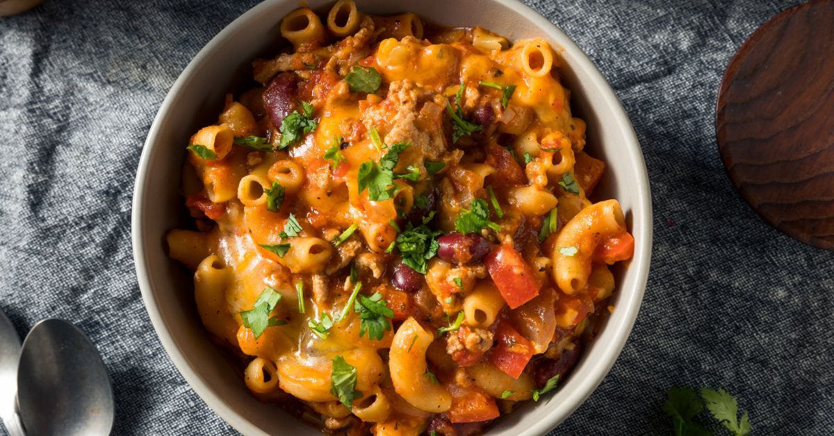 Bowl of Chili Mac and Cheese with Red Beans and Cilantro