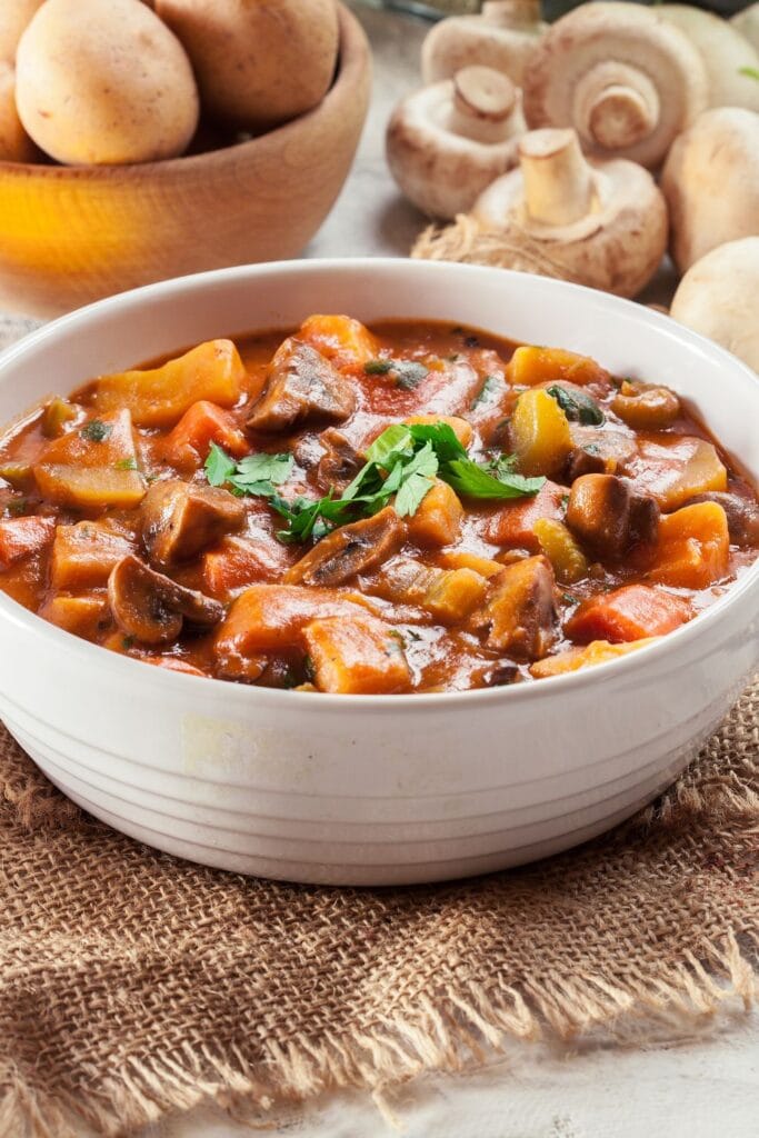 Bowl of Vegan Irish Stew with Beef, Carrots and Potatoes