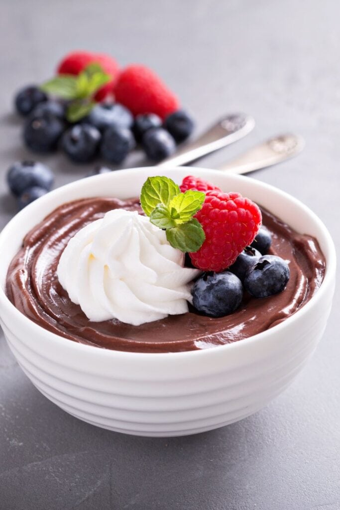 Dairy Free Chocolate Pudding with Oat Milk, Whipped Cream and Berries