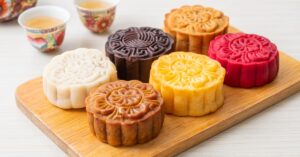 Homemade Chinese Mooncake in a Wooden Plate