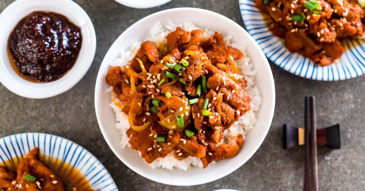 Homemade Korean Bulgogi with Fried Pork and Rice