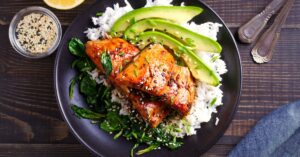 Homemade Salmon and Rice with Greens and Avocados