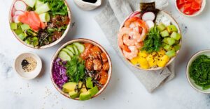 Homemade Tuna, Salmon, Shrimp Bowls with Mangoes, Avocadoes and Seaweeds