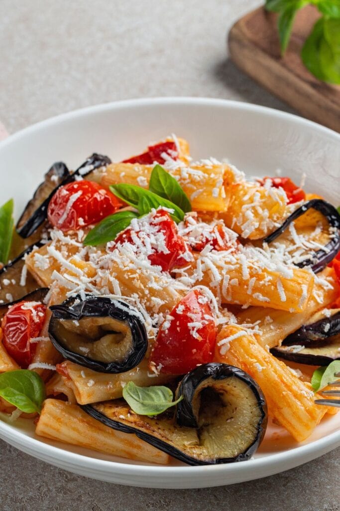 Penne Pasta with Eggplant, Tomatoes and Ricotta Cheese